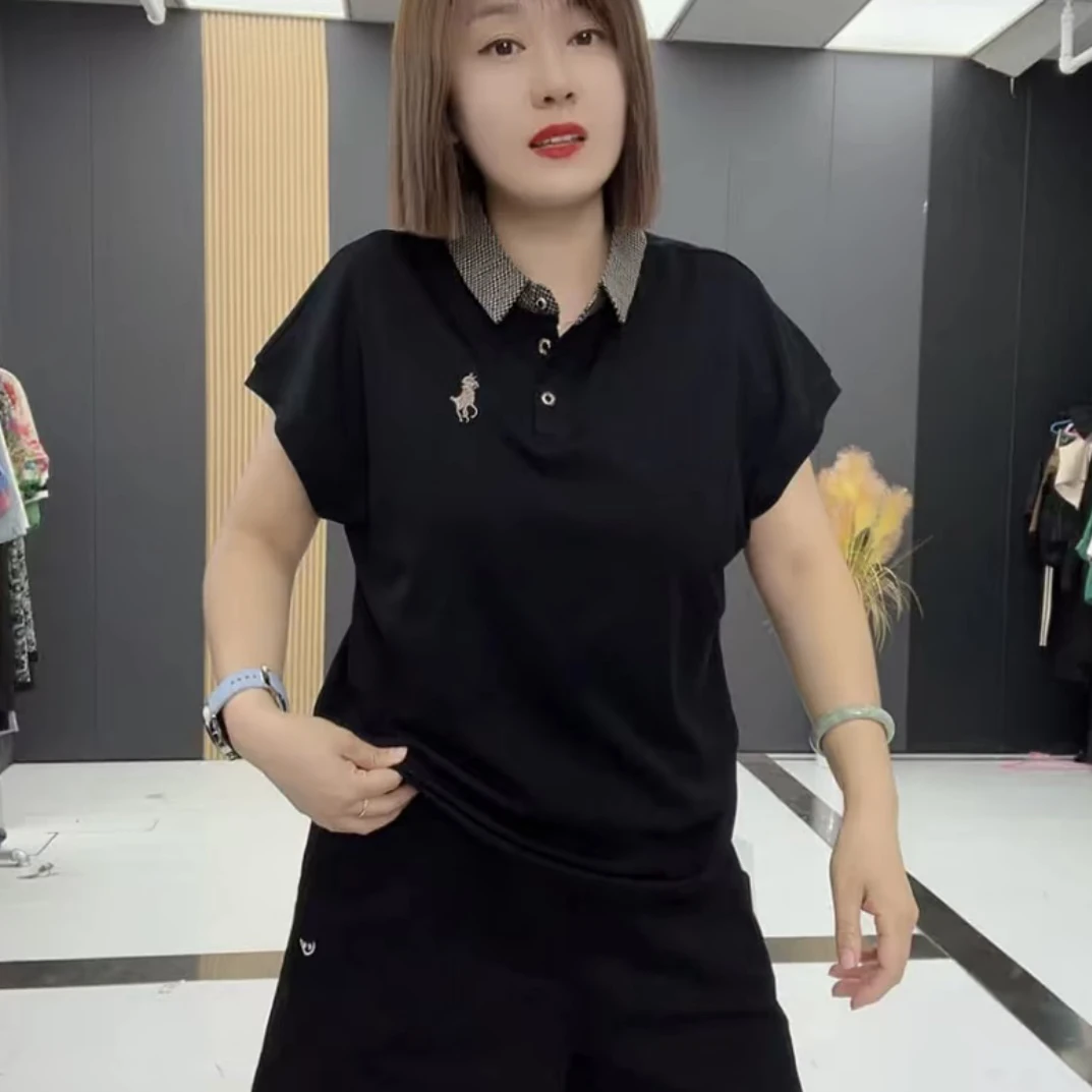 女士百搭休闲纽扣夏款气质POLO衫通勤风落肩袖yx9930