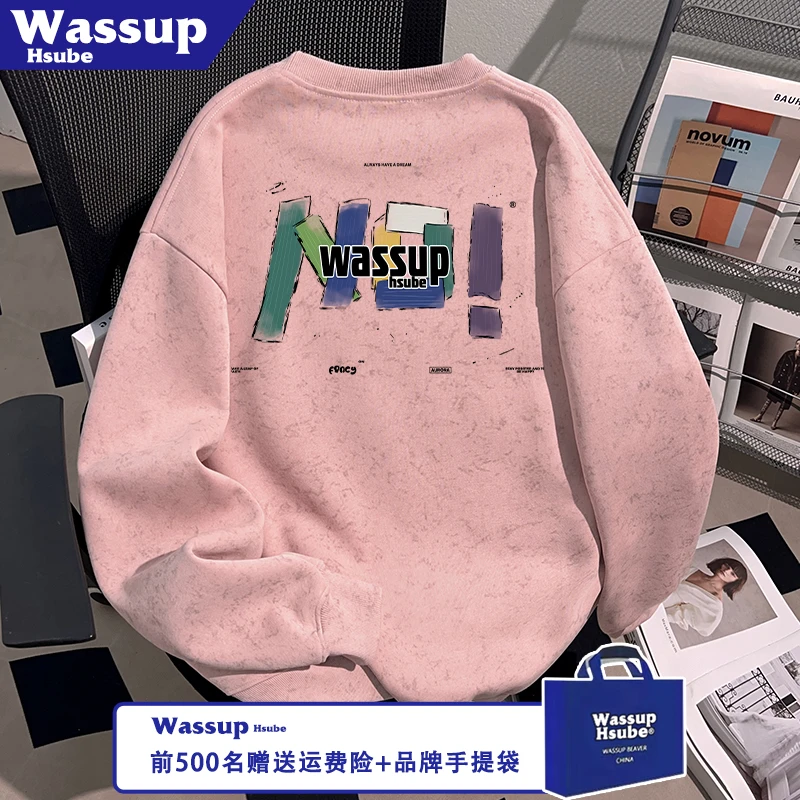 WASSUP HSUBE秋冬季男女款上衣创意英文印花蜡染粉色重磅加绒卫衣