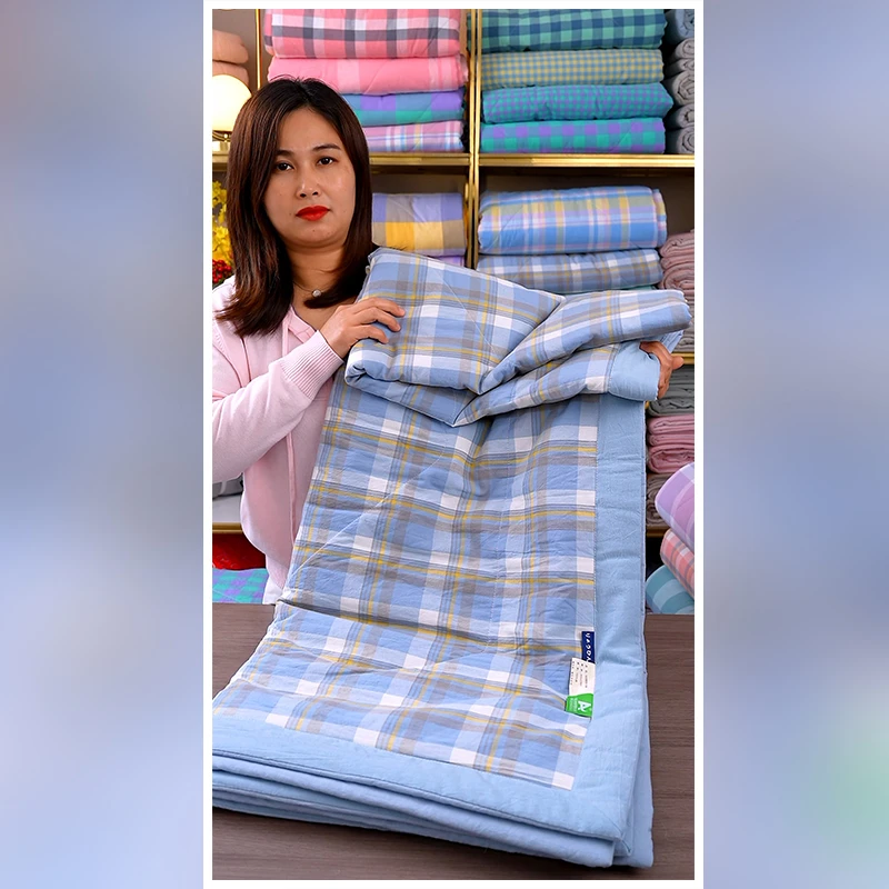 【全棉夏被四件套】色织棉纱夏凉被纯棉全棉可机水洗夏季空调被子
