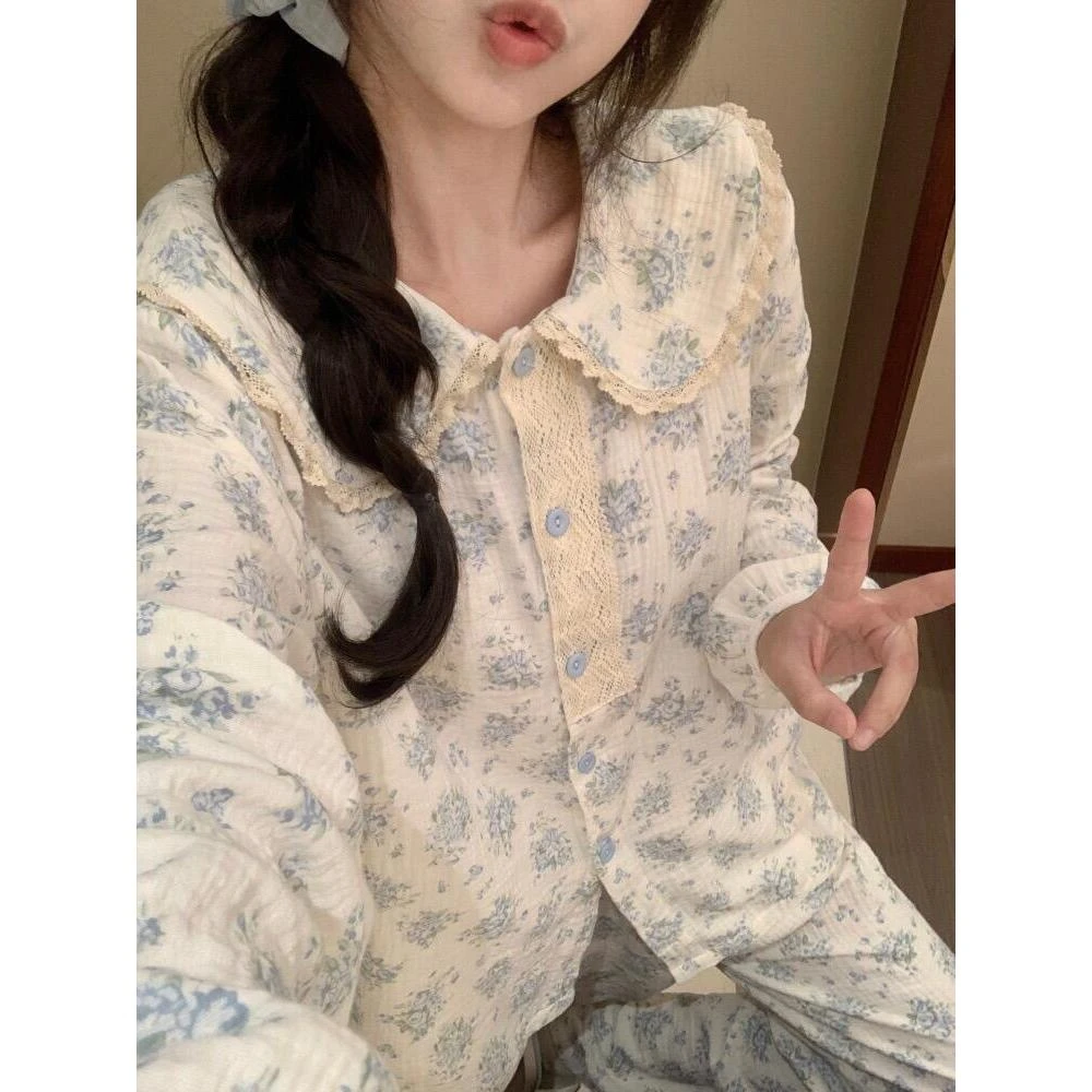 娃娃领拼接蕾丝棉纱碎花长袖睡衣女款秋季新款显瘦长裤套装可外穿