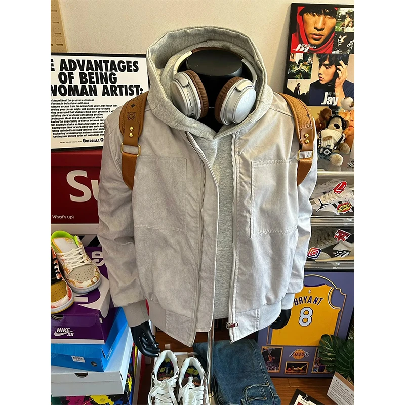 cleanfit灰色短款外套男秋冬美式复古底特律夹克棉服高级感棒球服