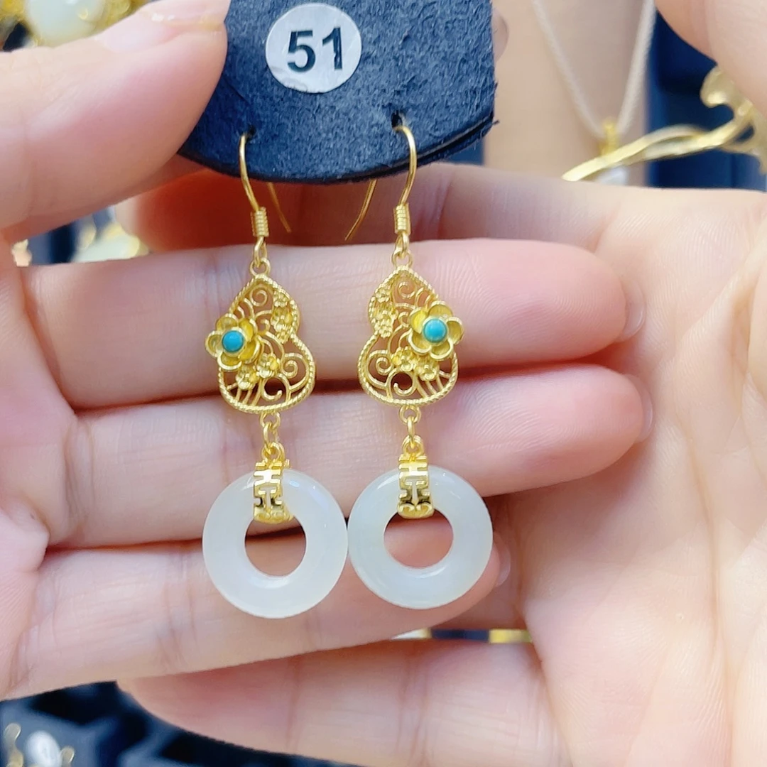 和田玉银S925镀金镶嵌耳饰