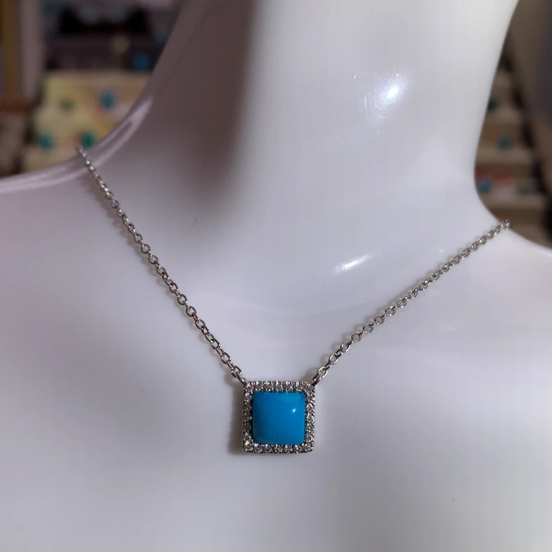 银S925镶嵌绿松石玉化蓝方糖项链