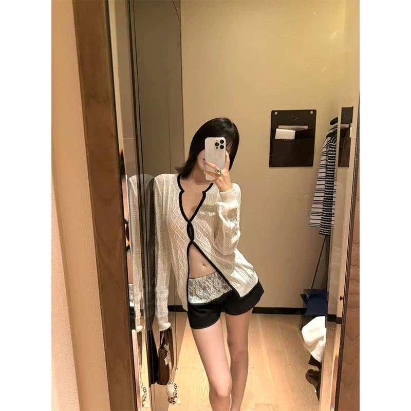 美式辣妹纯欲慵懒风女装镂空气质针织衫高腰百搭修身短裤两件套潮