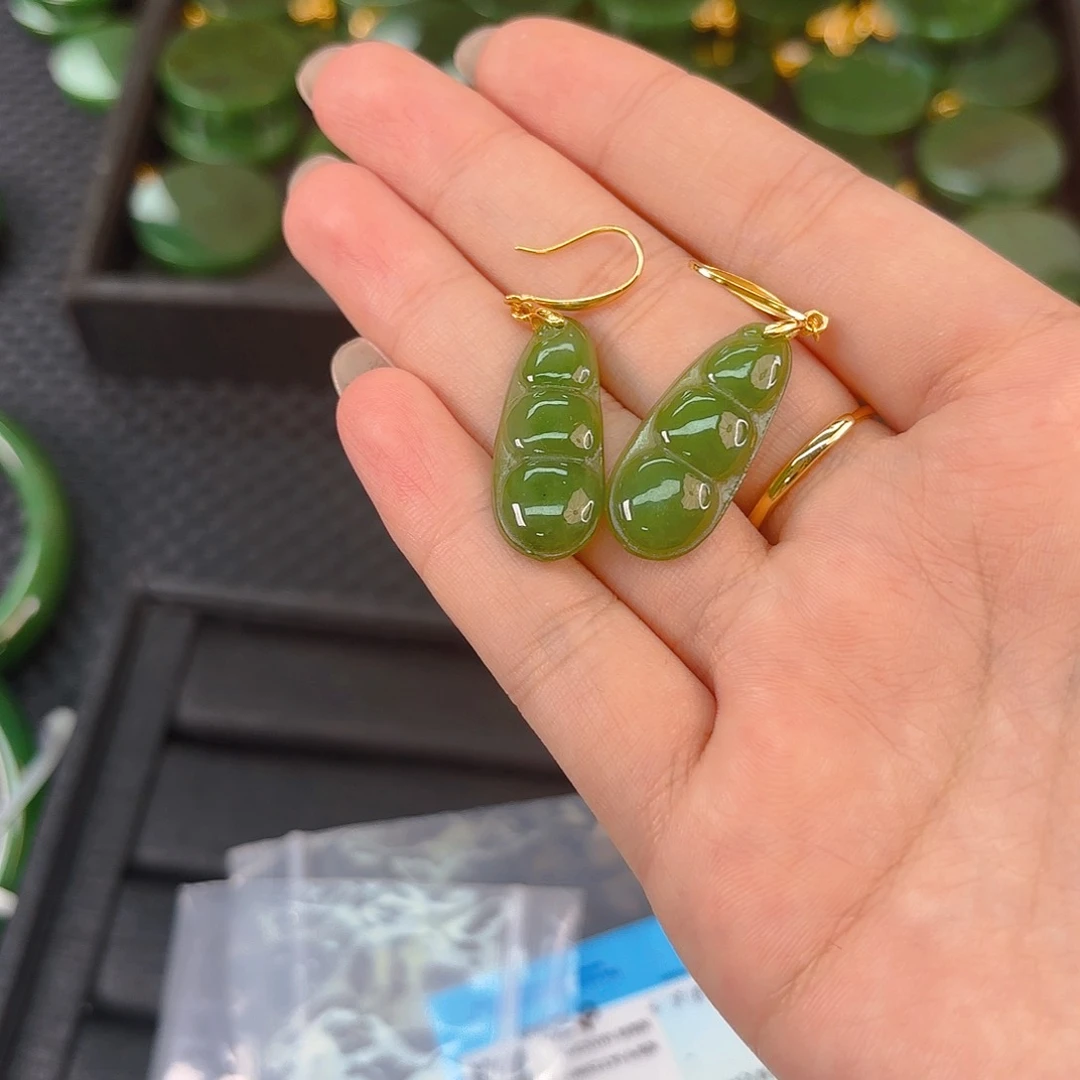 颈饰银S925镶嵌和田玉碧玉福豆耳坠 尾货 有包容