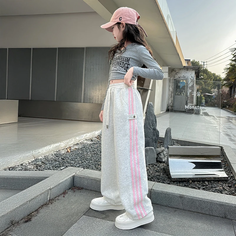 新款春秋女童阔腿裤外穿中大童洋气新品直筒裤女孩宽松高腰休闲裤