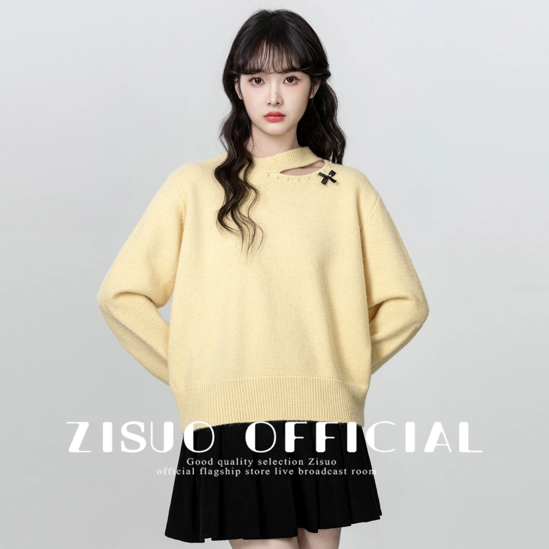 法式镂空圆领毛衣女2024秋冬新款设计感蕾丝边拼接套头针织衫上衣