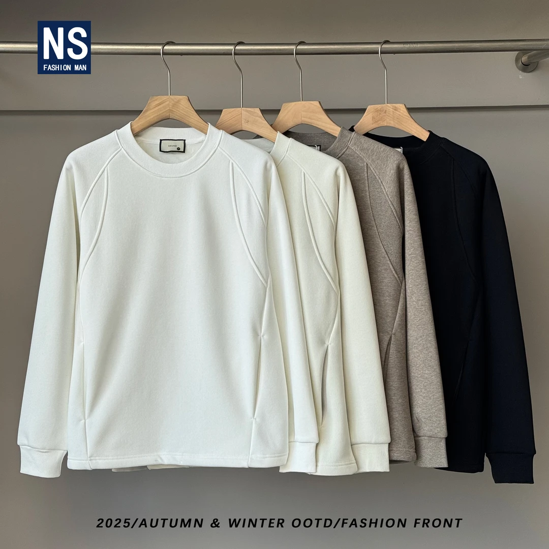 【NS】冬季同色拼接美式圆领加绒加厚打底口袋卫衣41437