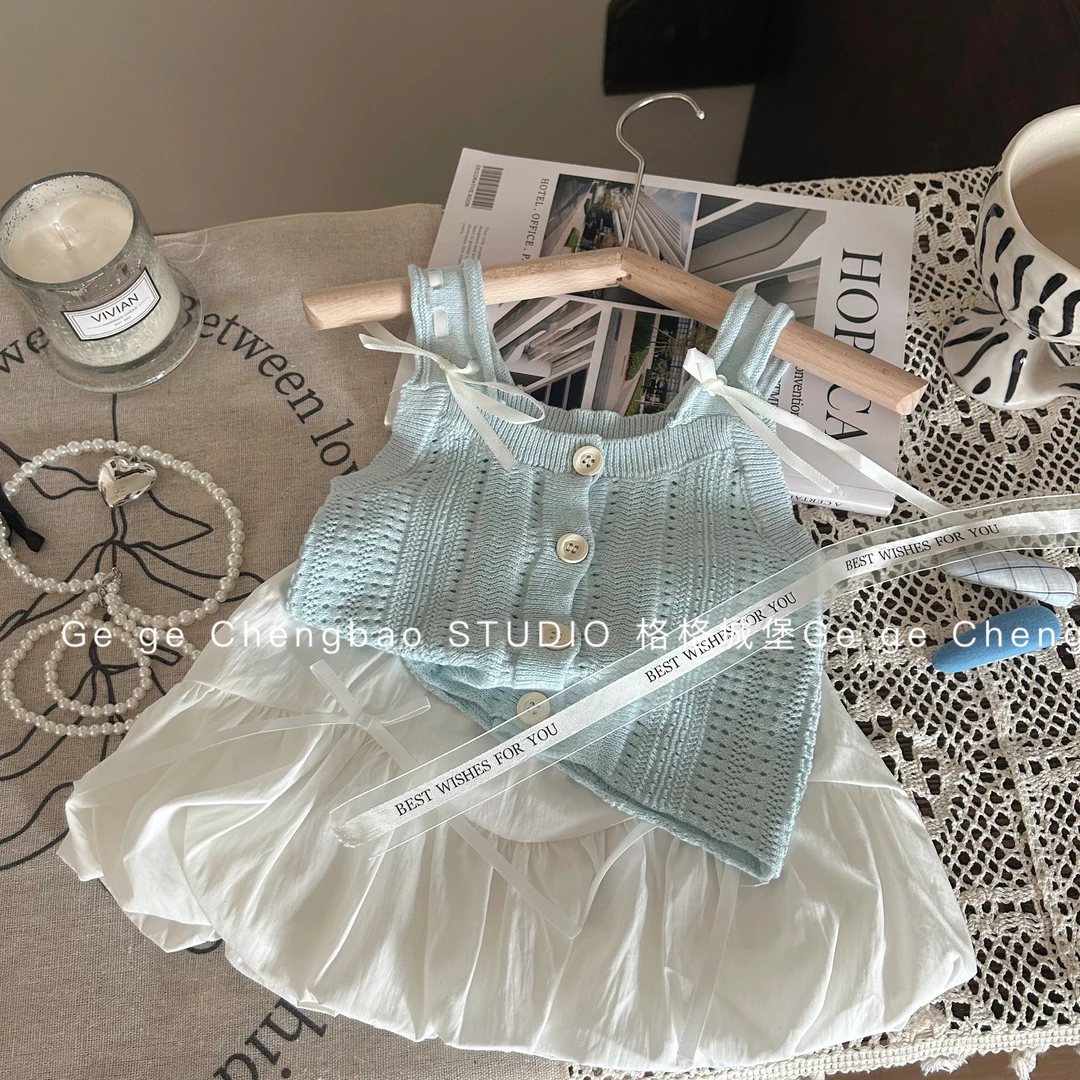 女童针织吊带套装2024新款韩版花苞裙裤两件套