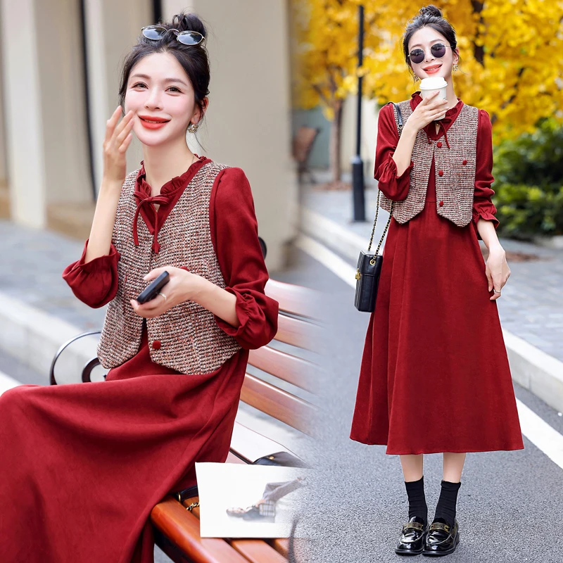 小香风马甲两件套裙2025年春秋新款法式高级感红色打底连衣裙套装