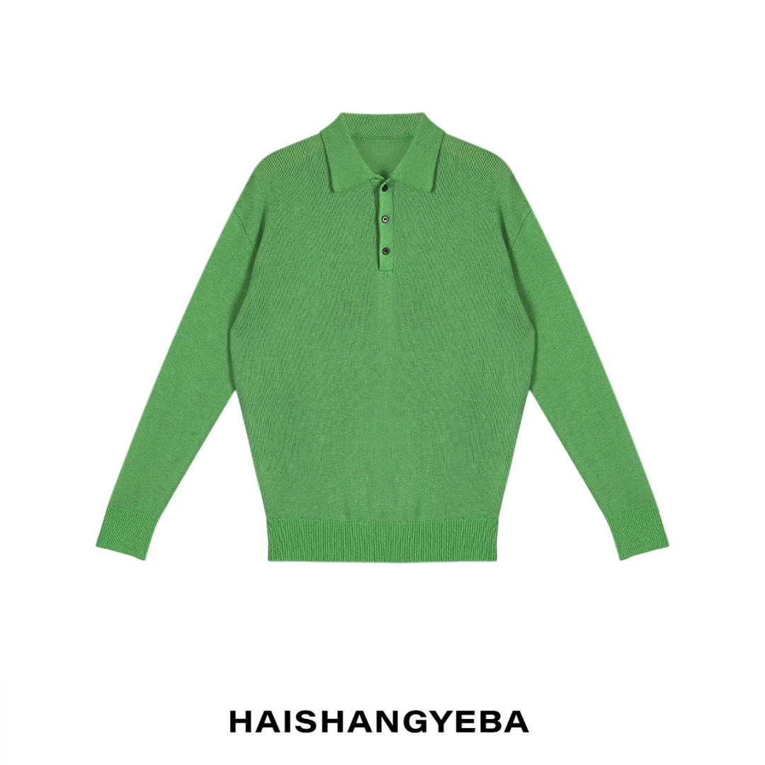【海上叶爸】新款2025春夏百搭亚麻打底翻领POLO款长袖针织衫