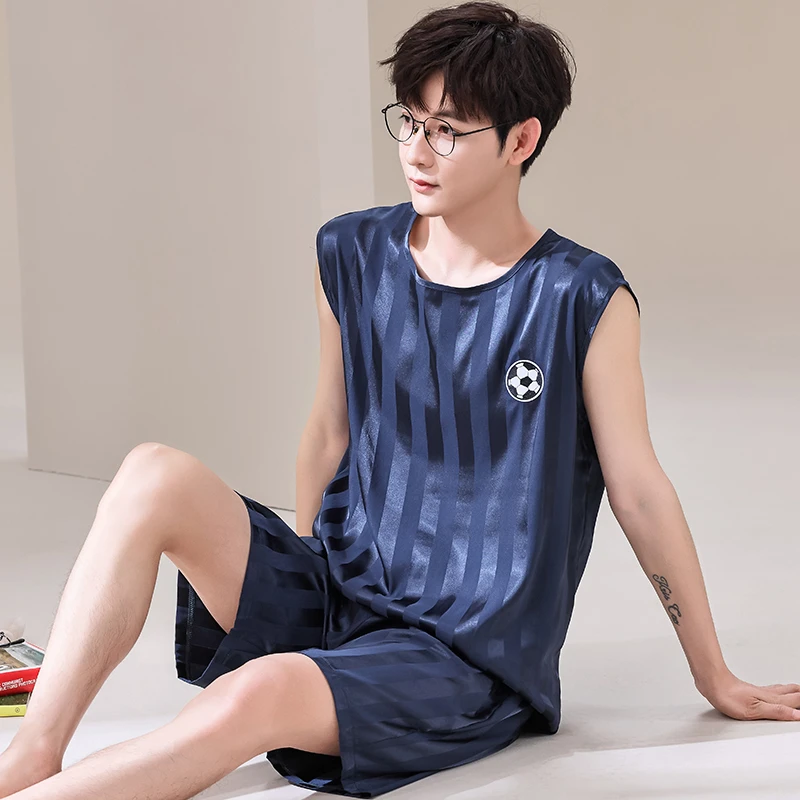 夏季男生冰丝睡衣青年薄款大码男士背心无袖短裤家居服套装宽松