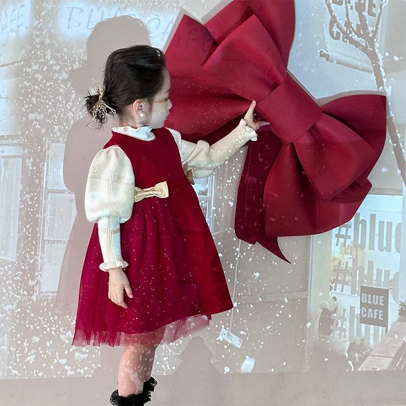 女童红色连衣裙2024新款冬装宝宝加绒背心裙儿童洋气公主裙新年装