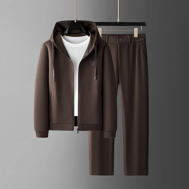 轻奢高端秋冬新款羊毛男士长袖休闲运动套装连帽外套裤子两件套