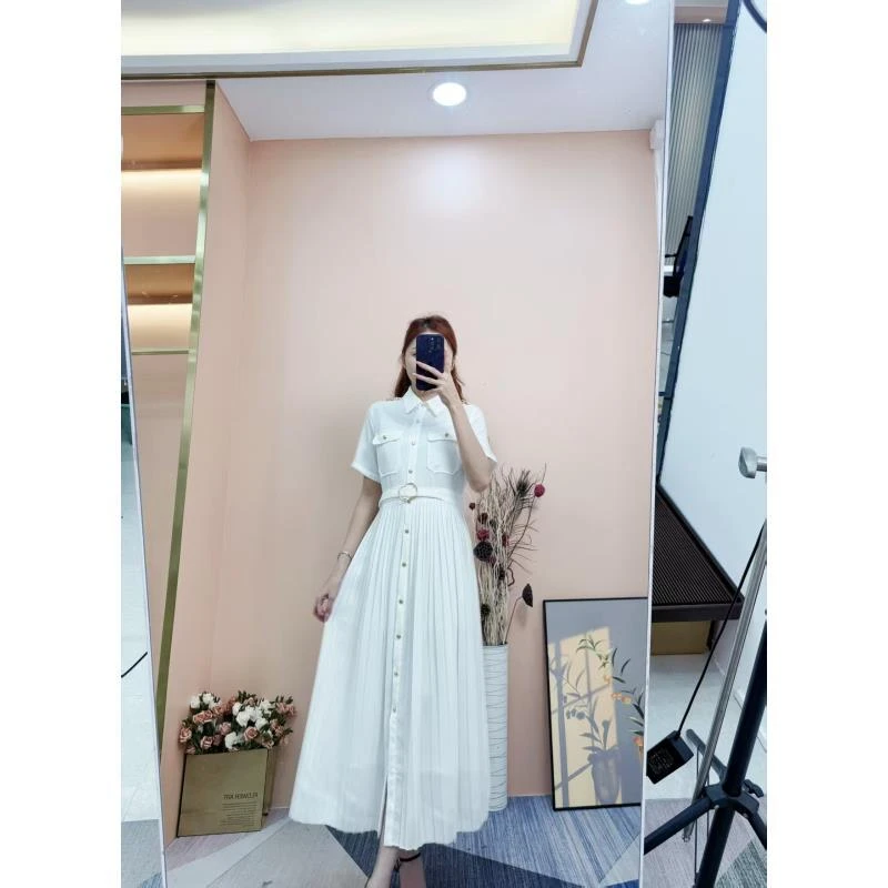 [依易原创]气质设计感休闲金扣收腰翻领短袖衬衣裙D0708