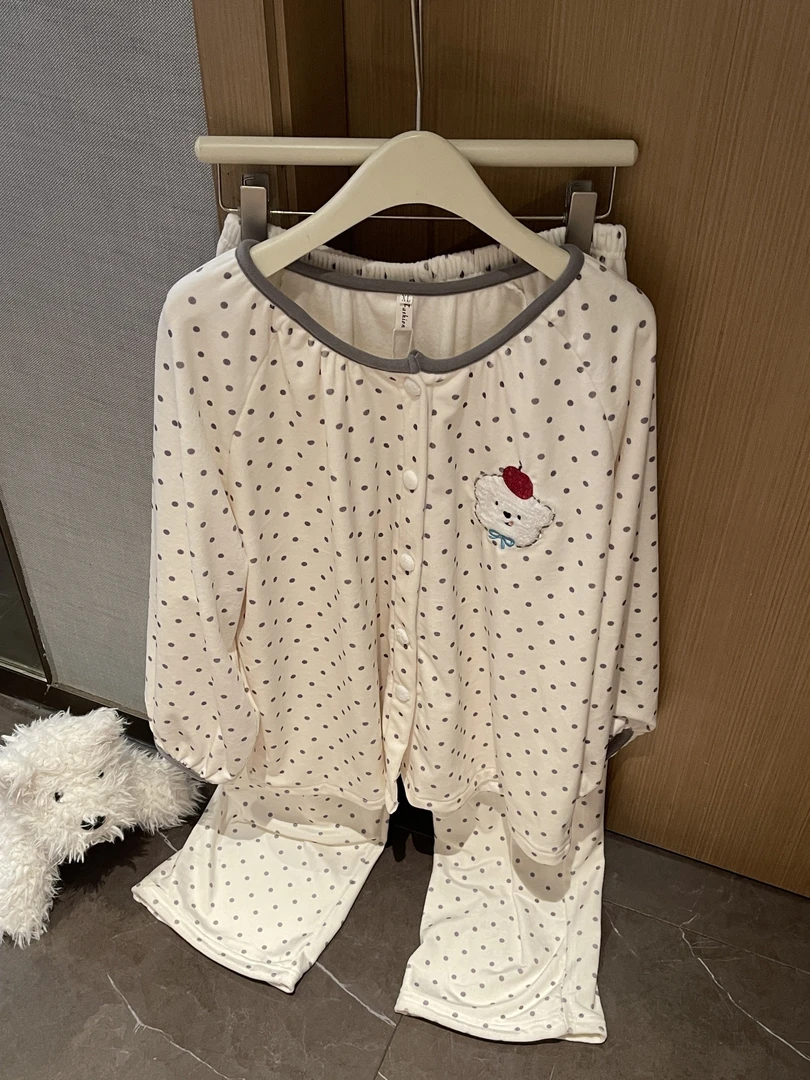 韩系可爱波点小狗海岛绒睡衣女秋冬款加绒保暖长袖家居服套装