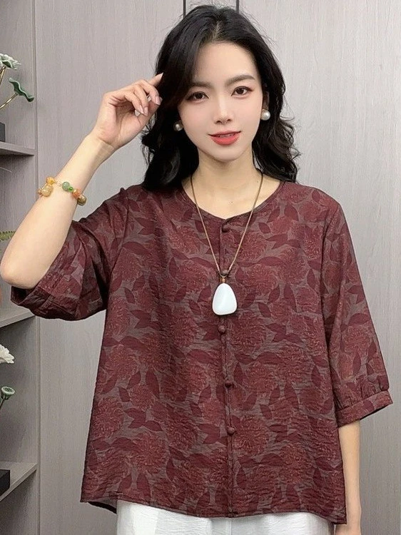 妈妈新款宽松遮肉t恤小衫中老年女装夏季清凉透气复古打底衫显瘦