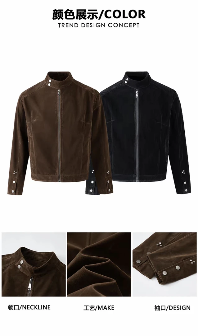 【CZD定制】秋新款美式复古绒皮工艺立领哈灵顿夹克外套 痞帅机车服