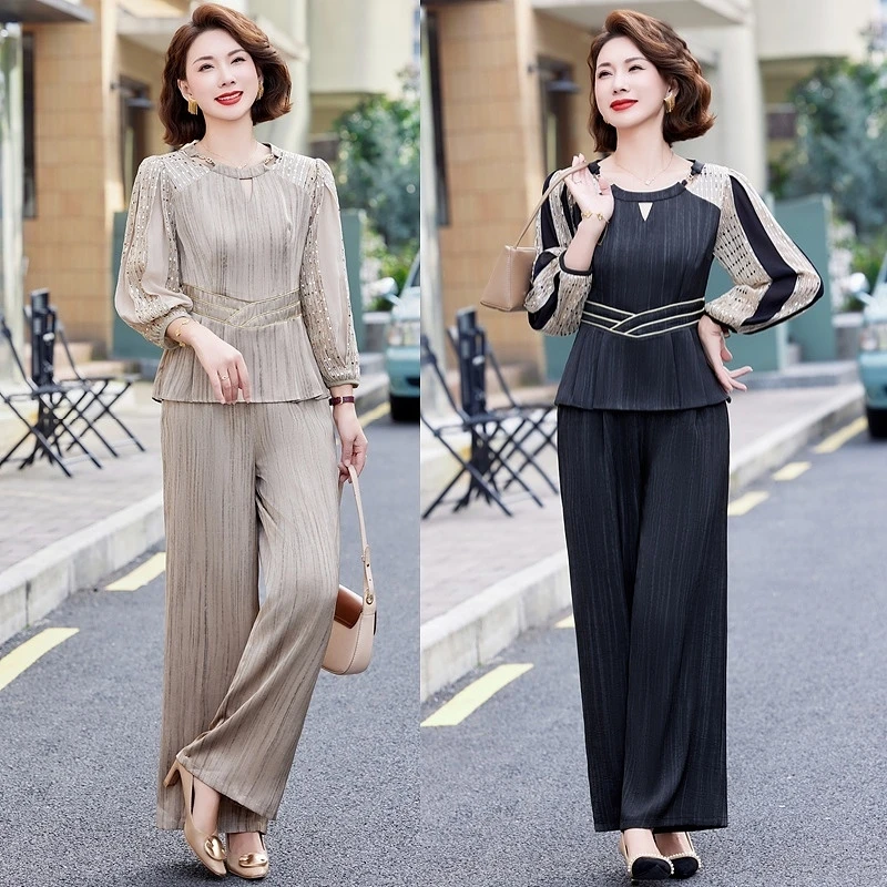 8836妈妈装套装中年女装阔腿裤减龄休闲风春装名媛夏装纯色修身型