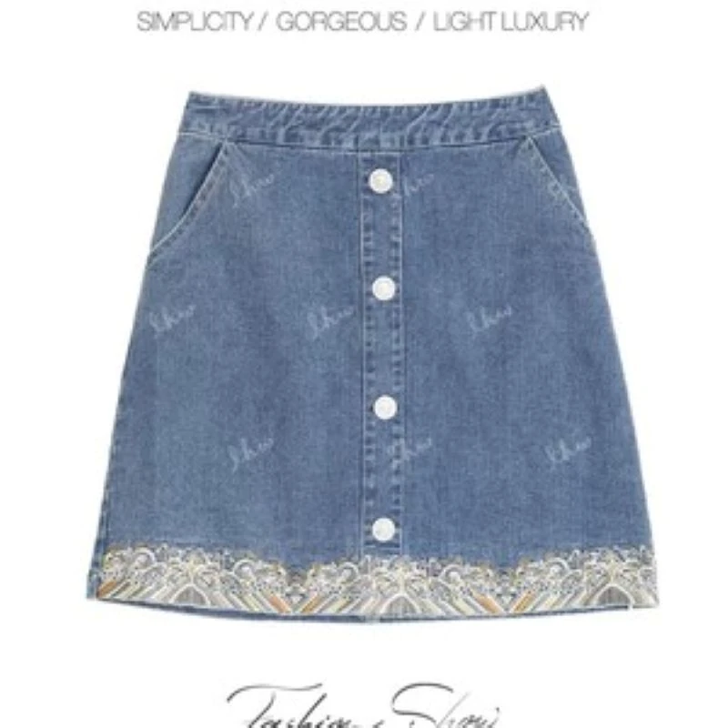 新款简约刺绣牛仔半身裙395895