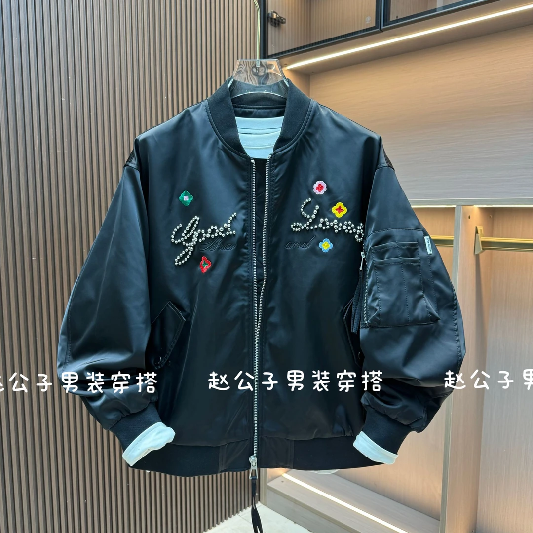 2025秋季新款美式潮牌字母刺绣珠棒球服外套男女同款宽松休闲夹克