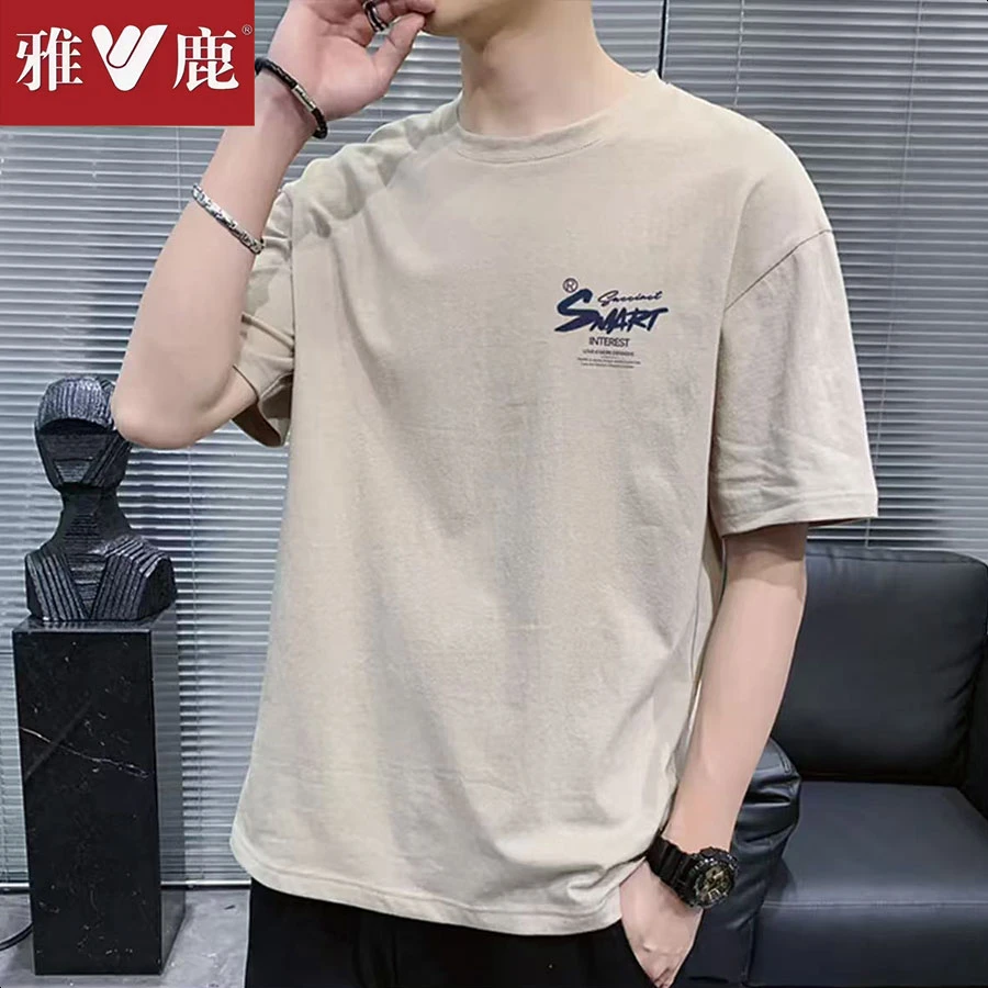 雅鹿春夏男士纯棉短袖t恤男女同款圆领潮流韩版宽松百搭印花半袖