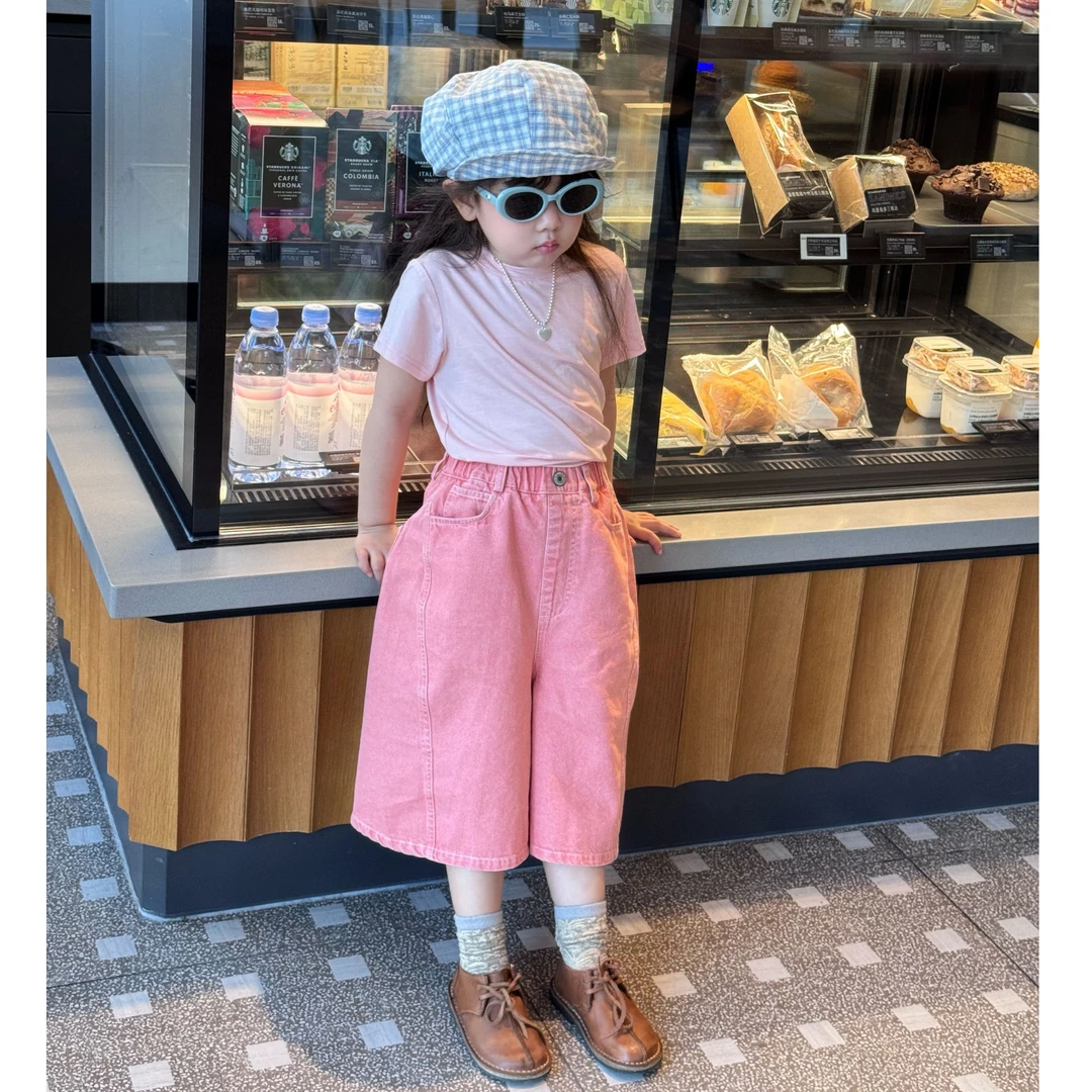 《小思家》女童2025夏季新款韩版休闲简约粉色短袖T牛仔七分裤套装