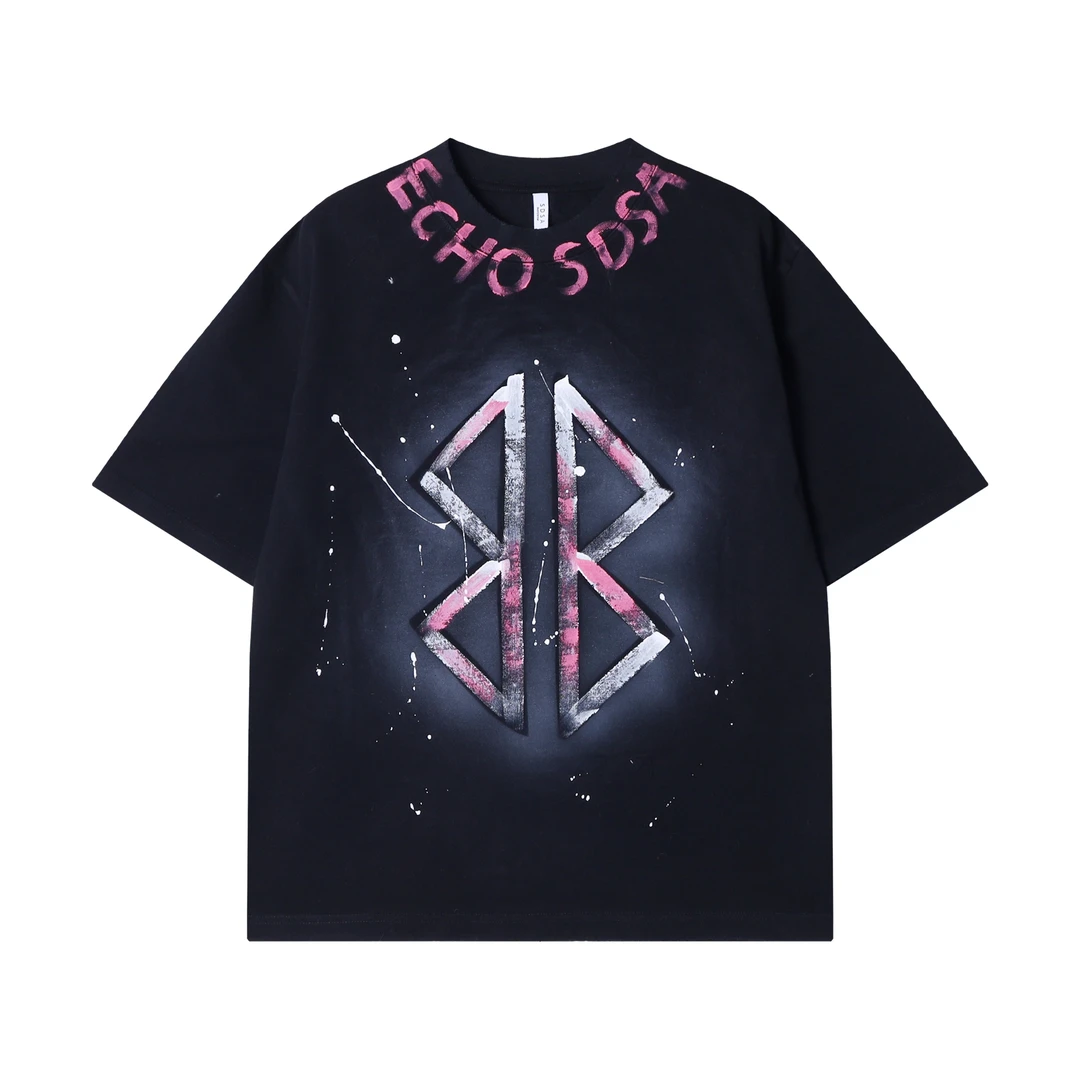 春夏新款时尚个性撞色印花字母泼墨圆领半袖T恤百搭情侣套头上衣