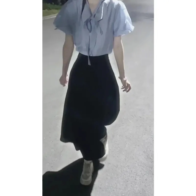 2025夏季新款韩系穿搭V领系带宽松上衣百搭高腰显瘦半身裙二件套