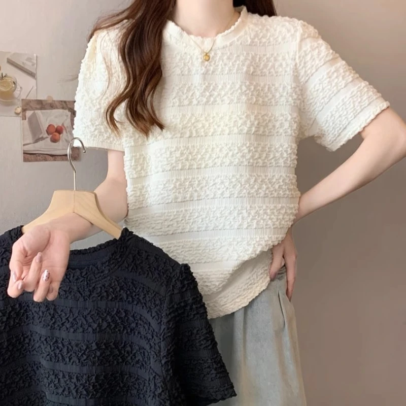 大码女装胖妹妹自留款推荐~法式洋气泡泡褶皱修身别致短袖t恤女夏