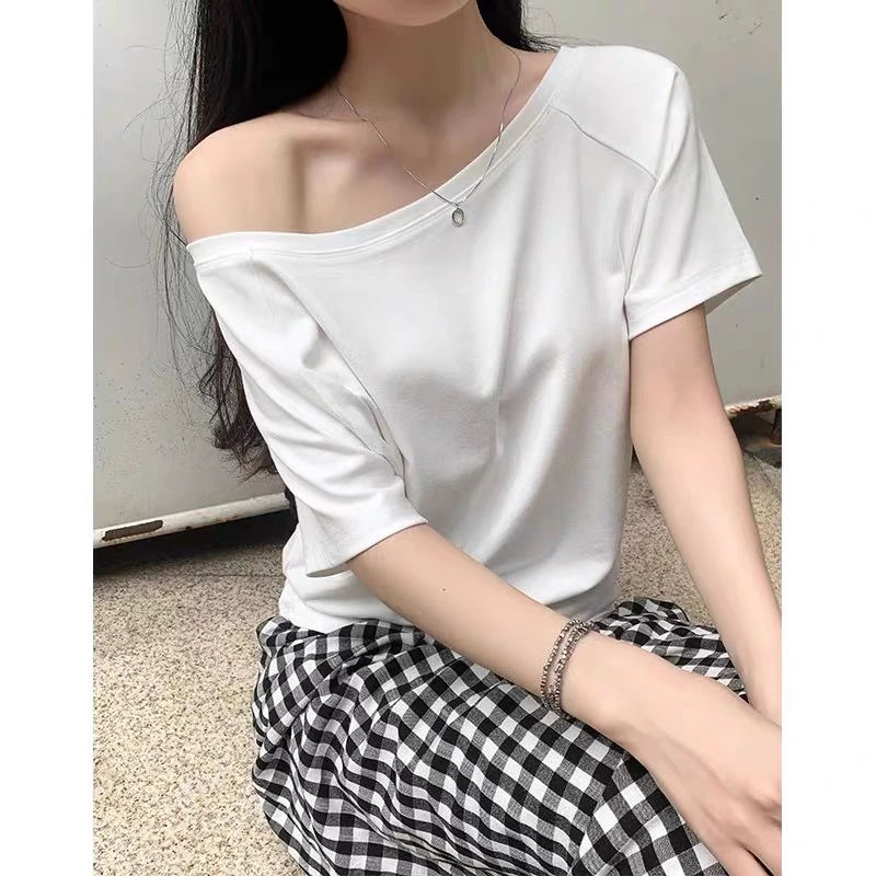 2262 斜肩露锁骨纯欲短袖t恤女夏季新款宽松内搭打底衫上衣