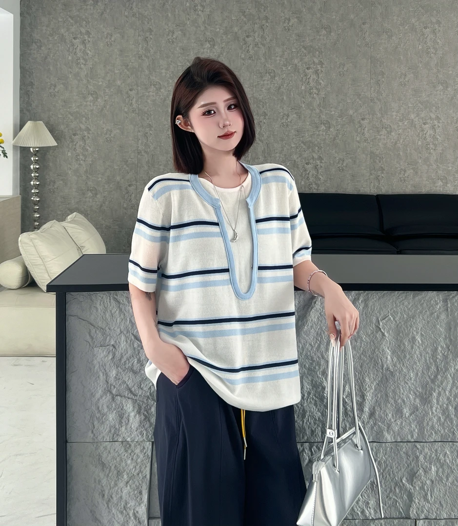 冰丝短袖显瘦气质针织时尚夏季条纹拼接小香风独特漂亮小衫9083