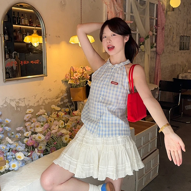 港风小清新挂脖蓝色格纹背心夏季高级感名媛气质独特休闲百搭上衣