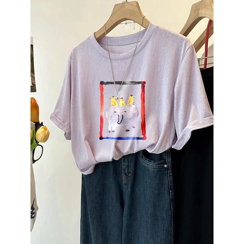 雪花棉大码宽松短袖T恤女oversize潮流新款卡通印花200斤胖mm