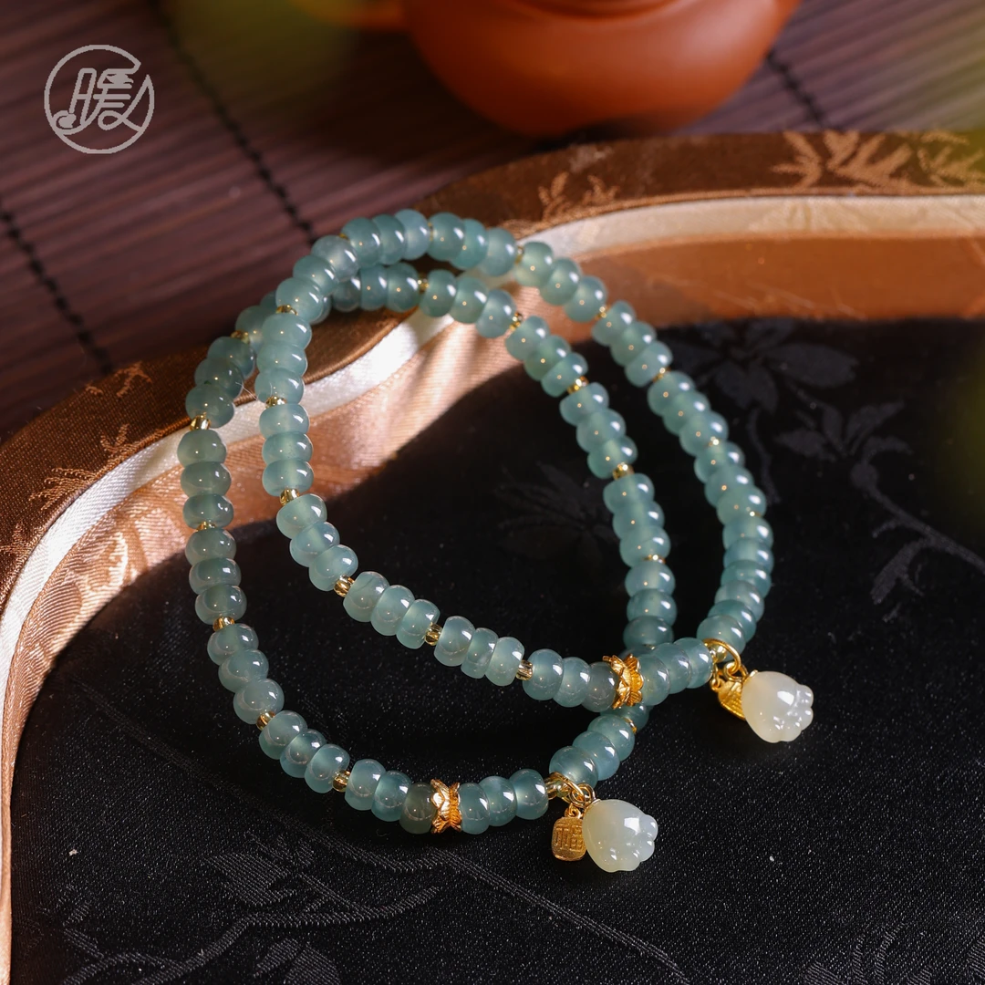 单圈翡翠算盘珠手串搭配和田玉猫爪吊坠手链A6462多样性发一