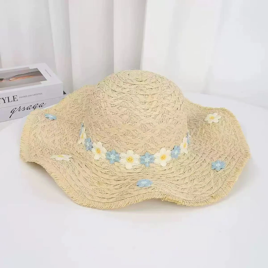 花环拉菲草帽手工编织菊花帽子女夏季出游度假百搭大檐防晒沙滩