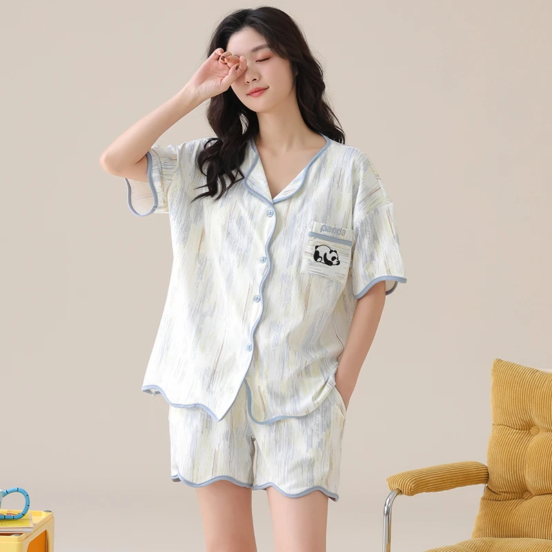【带胸垫】短袖短裤冰丝凉感家居服女夏季宽松休闲慵懒感睡衣