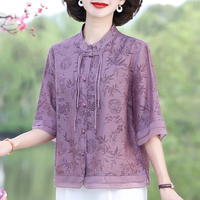 母亲节母亲节妈妈夏装2024新款雪纺小衫洋气套装新中式t恤中老年
