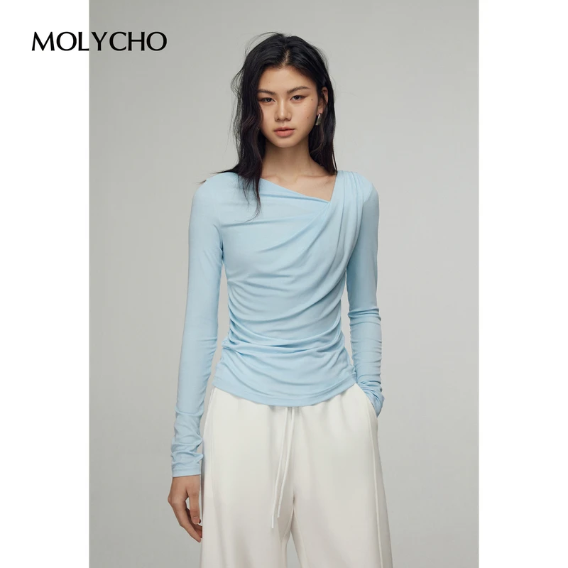 MOLYCHO早春新款莫代尔长袖T恤女春季修身显瘦打底衫白色斜肩上衣