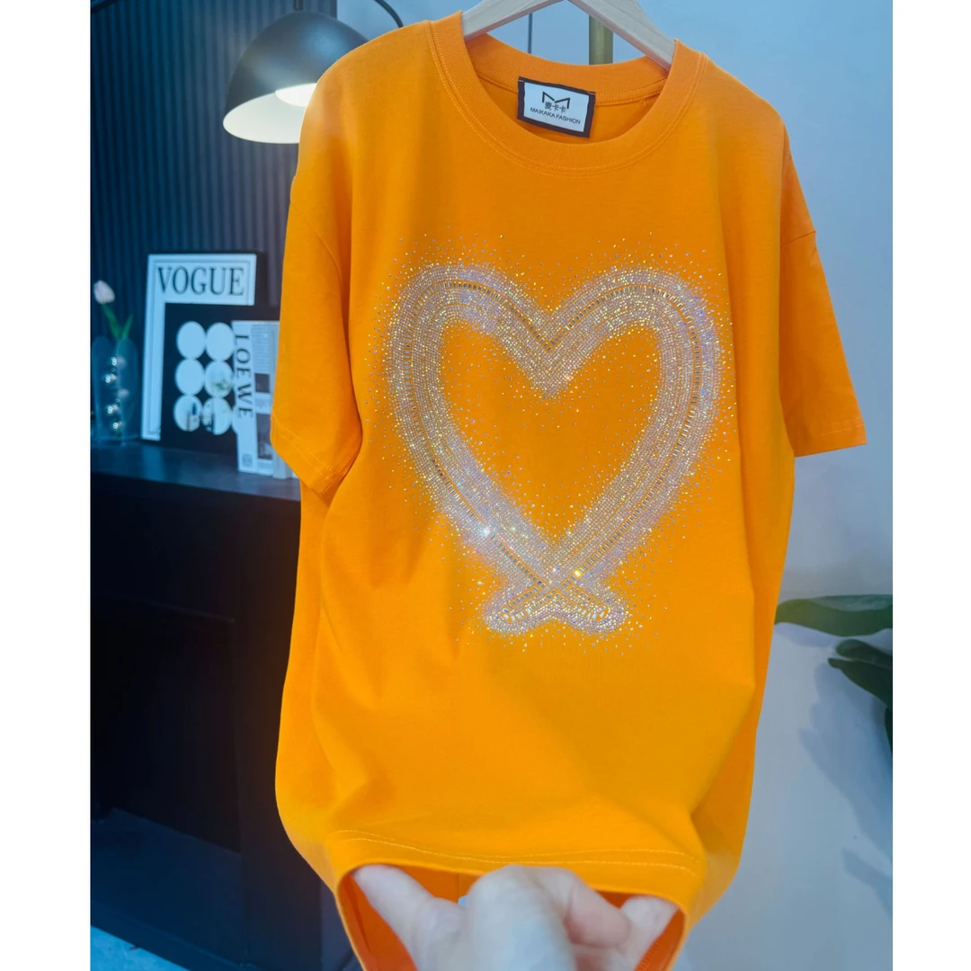 烫钻短袖中长款女装T恤新款潮牌