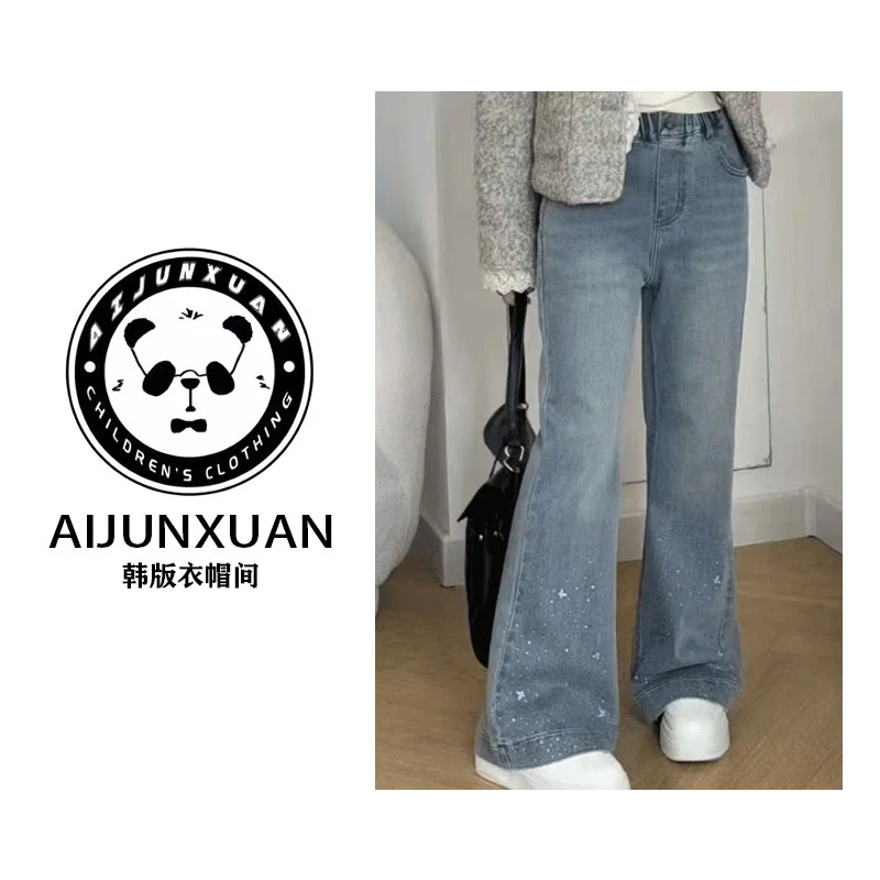 2025韩版烫钻蝴蝶结女童洋气显瘦喇叭裤洋气牛仔裤5091