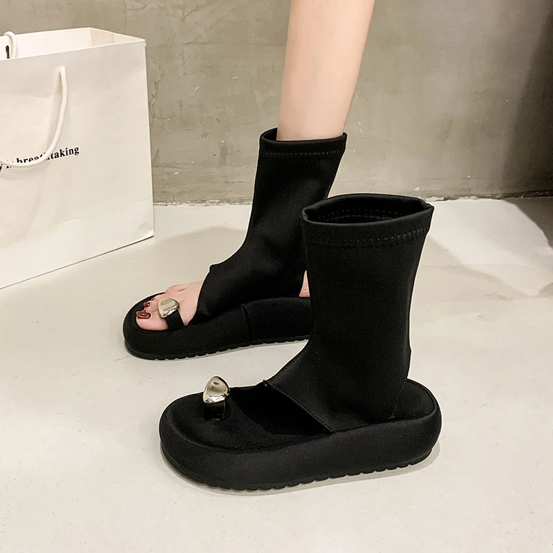 小众高跟厚底凉靴女2025平底新款夏季短筒瘦瘦百搭靴露趾罗马凉鞋