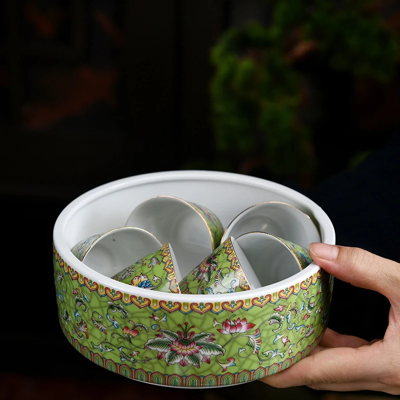 陶瓷杯洗笔洗花盆鱼缸功夫茶具配件茶道配件大号珐琅彩扒花茶洗