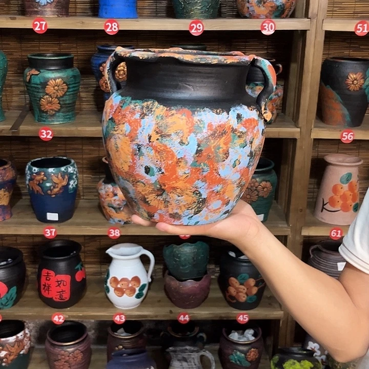 红陶浮雕花盆炸炸炸