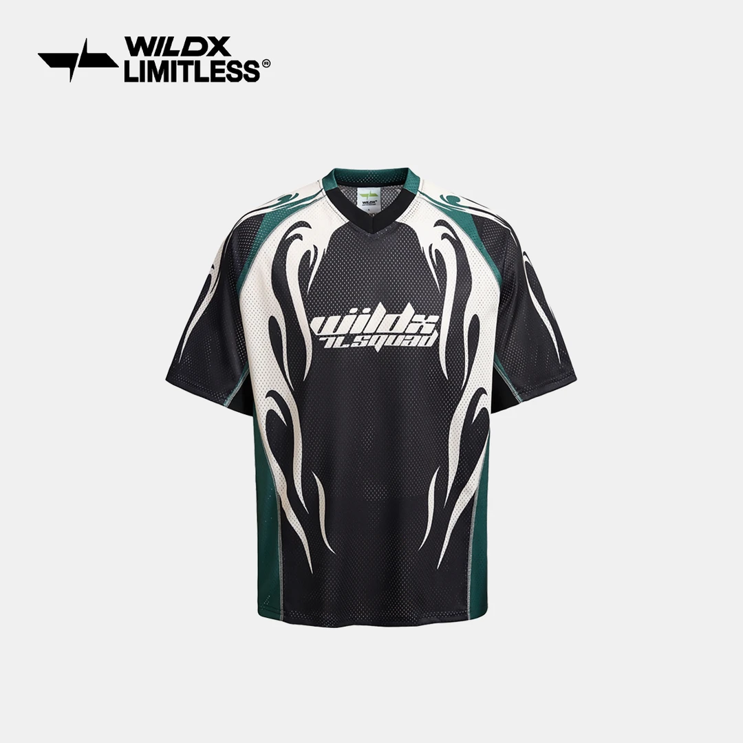 WildX 「烈焰」美式网眼球衣复古潮流男女透气夏季国潮短袖T恤
