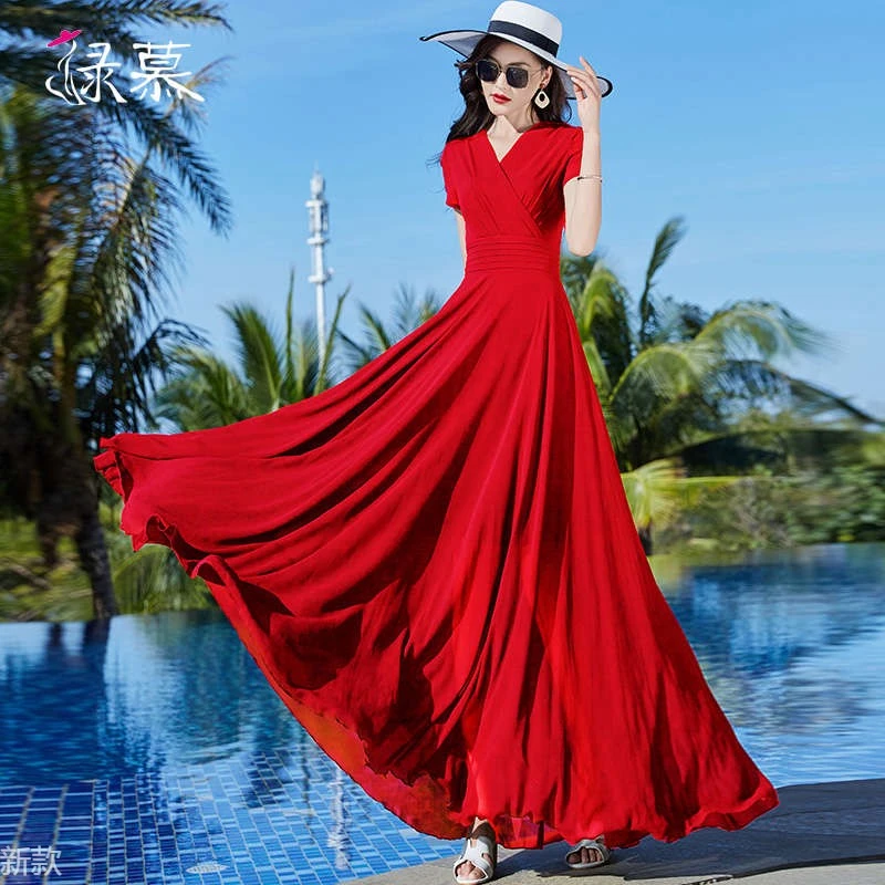 2025夏季新款长款黑色雪纺连衣裙气质V领收腰显瘦到脚踝大摆长裙