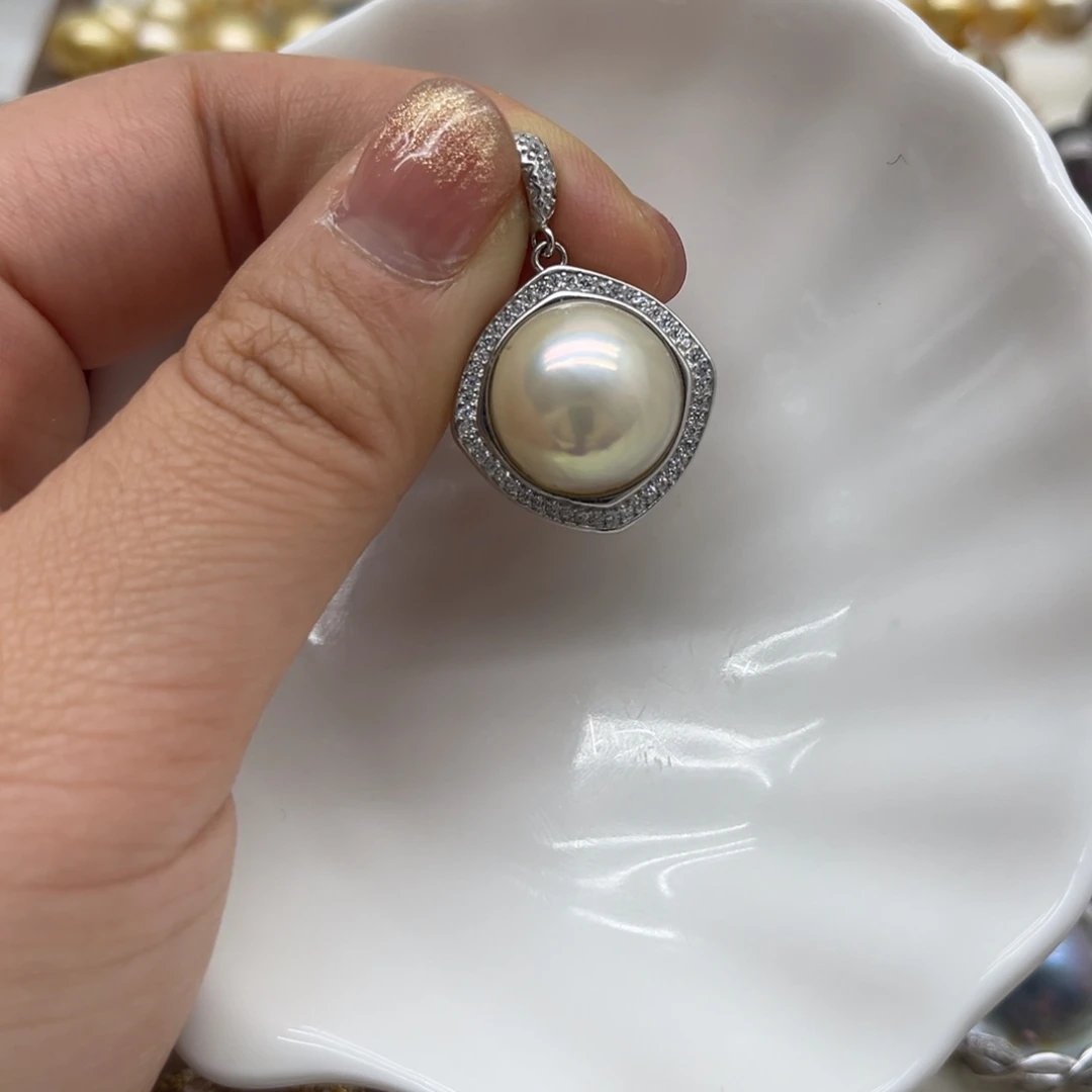 拼合珍珠（马贝珠）银S925镶嵌吊坠(不含链)