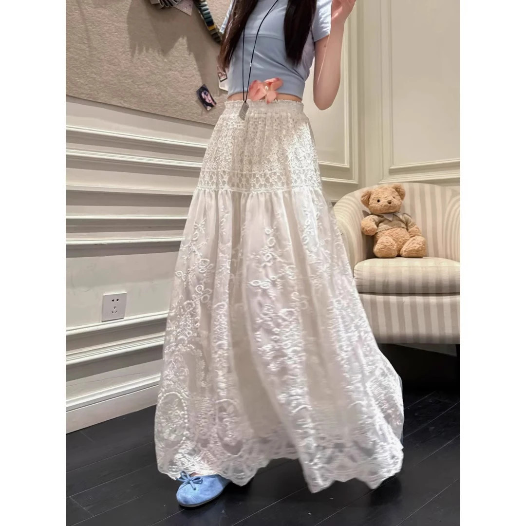 2025年春夏新中式国风蕾丝半裙女夏季高腰显瘦气质减龄纯色半身裙