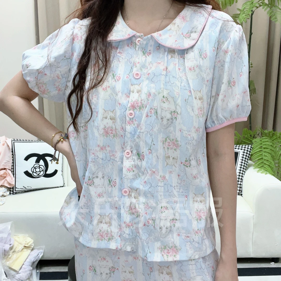 韩版猫咪睡衣女夏季2025新款娃娃领三件套带胸垫