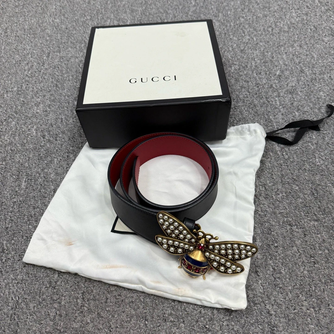 99新 GUCCI/古驰 16131147 nz 古驰 黑红女款小蜜蜂腰带 75码99新